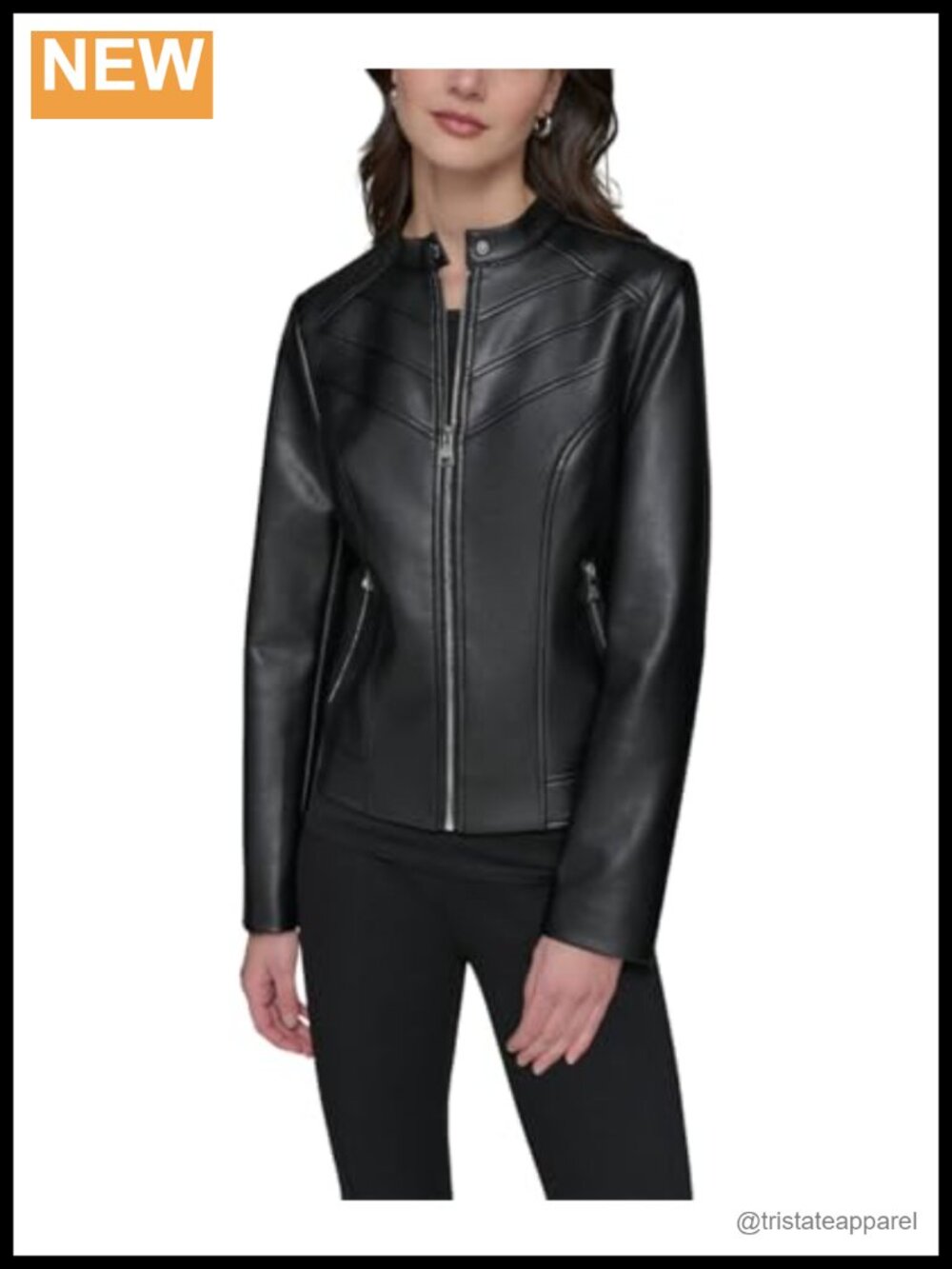 Faux Leather Zip Front Jacket - Women's Outerwear